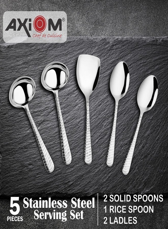 AXIOM Serving Spoons Stainless Steel 5 Piece Heavy Gauge Non-Stick Set of 2 Soup Ladle (Karchi), 2 Solid Spoon (Chamcha) and 1 Rice Spoon for Serving Soup/Curry/dal/Rice/Pasta - Image 2