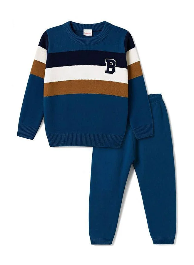 Babyhug Babyhug Knit Full Sleeves Sweater and Pants Set with Color Block Design - Navy