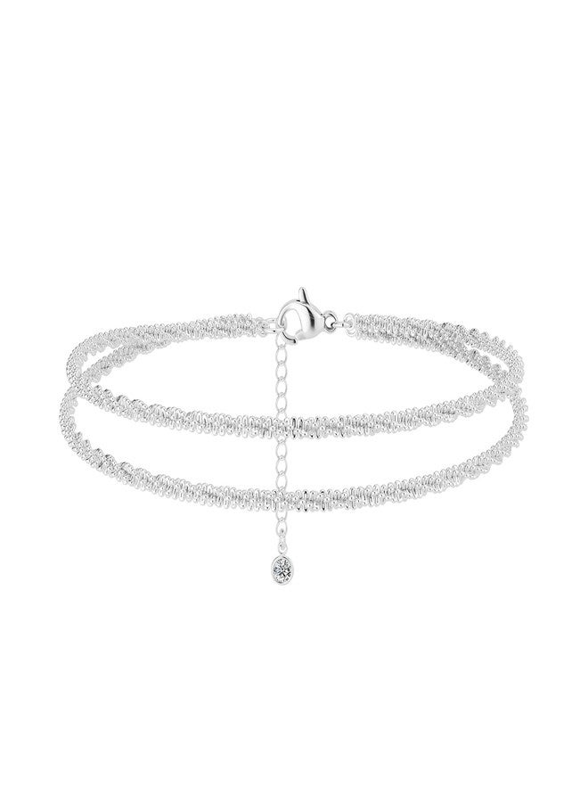 Robaice Silver Ankle Bracelets for Women, Glitter Waterproof Adjustable Anklet for Women, 14K Gold Plated Anklets Sterling Silver Layered Moon Pendant Anklet, Summer Anklet Jewelry for Women Beach - Image 1
