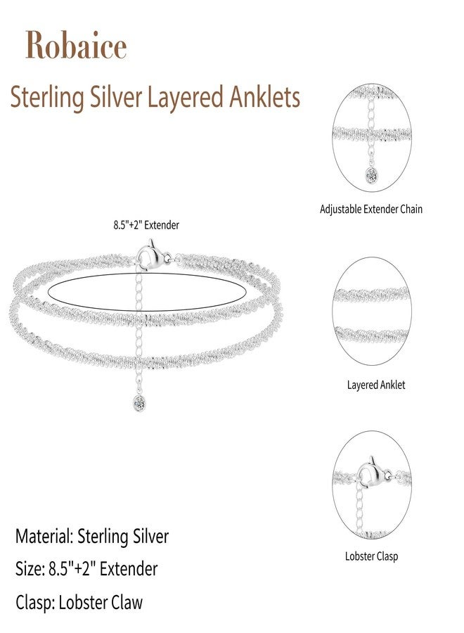 Robaice Silver Ankle Bracelets for Women, Glitter Waterproof Adjustable Anklet for Women, 14K Gold Plated Anklets Sterling Silver Layered Moon Pendant Anklet, Summer Anklet Jewelry for Women Beach - Image 5