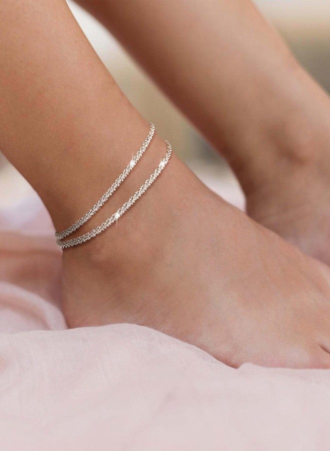 Robaice Silver Ankle Bracelets for Women, Glitter Waterproof Adjustable Anklet for Women, 14K Gold Plated Anklets Sterling Silver Layered Moon Pendant Anklet, Summer Anklet Jewelry for Women Beach - Image 4