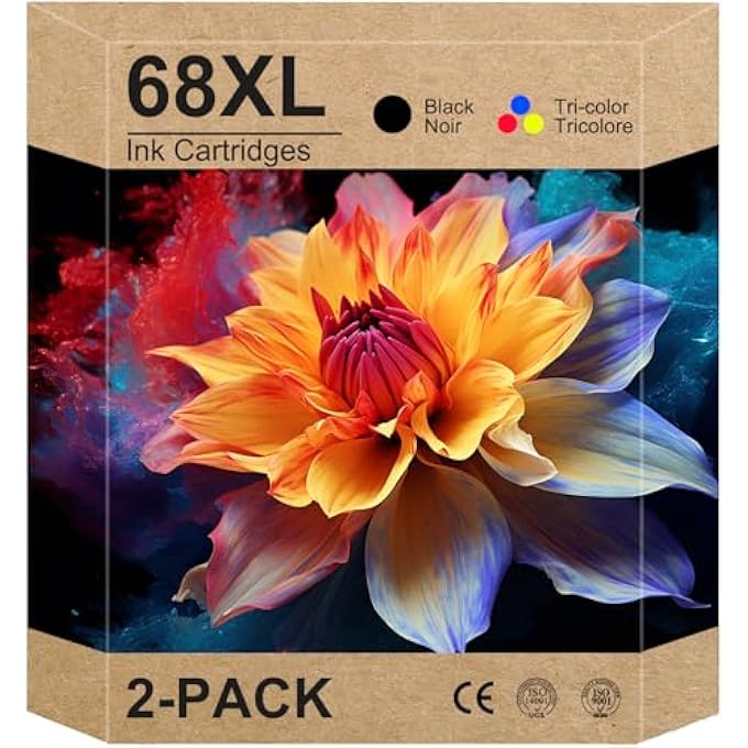 68E BLACK/TRI-COLOR INK CARTRIDGES (2-PACK) REPLACEMENT FOR HP INK 68 68E INK WORKS FOR ENVY 6100E 6552E 6555E 6558E 6155E 6152E PRINTER (1 BLACK, 1 COLOR)