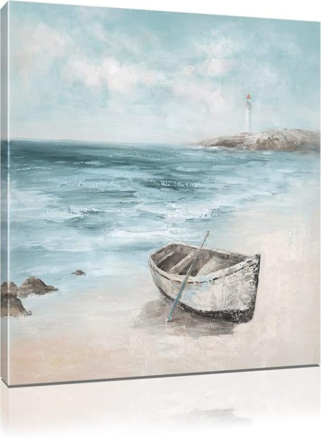 kisswen Beach Wall Art Boat Pictures for Living Room Boho Ocean Prints Canvas Decorations Lighthouse Paintings Decor Coastal Landscape Abstract Artwork Bedroom Modern Décor Framed 16X24in