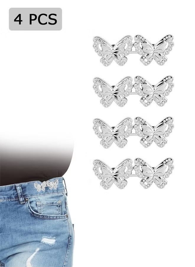 4 Pcs Butterfly No-Sew Jeans Waist Button, Adjustable Jean Button Pin, Detachable Waist Body Fit Tighten Buckles Fastening Tools (Silver) - Image 1