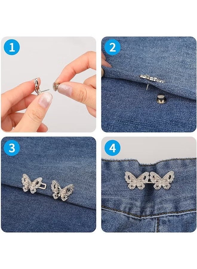 4 Pcs Butterfly No-Sew Jeans Waist Button, Adjustable Jean Button Pin, Detachable Waist Body Fit Tighten Buckles Fastening Tools (Silver) - Image 3