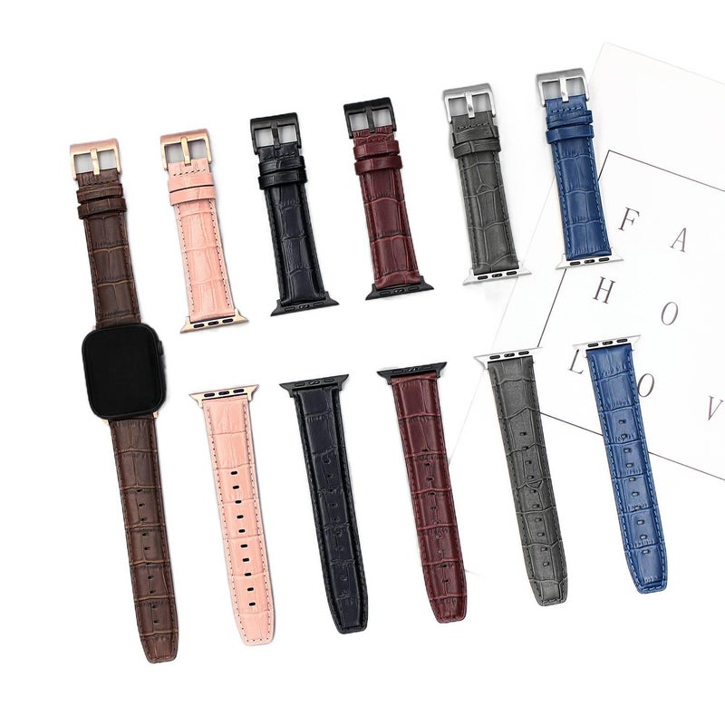AD Blue Classic Leather Strap Smartwatch Band Compatible with Apple Watch / SE with Adjustable Fit Replacement Strap for Daily Wear - Image 2
