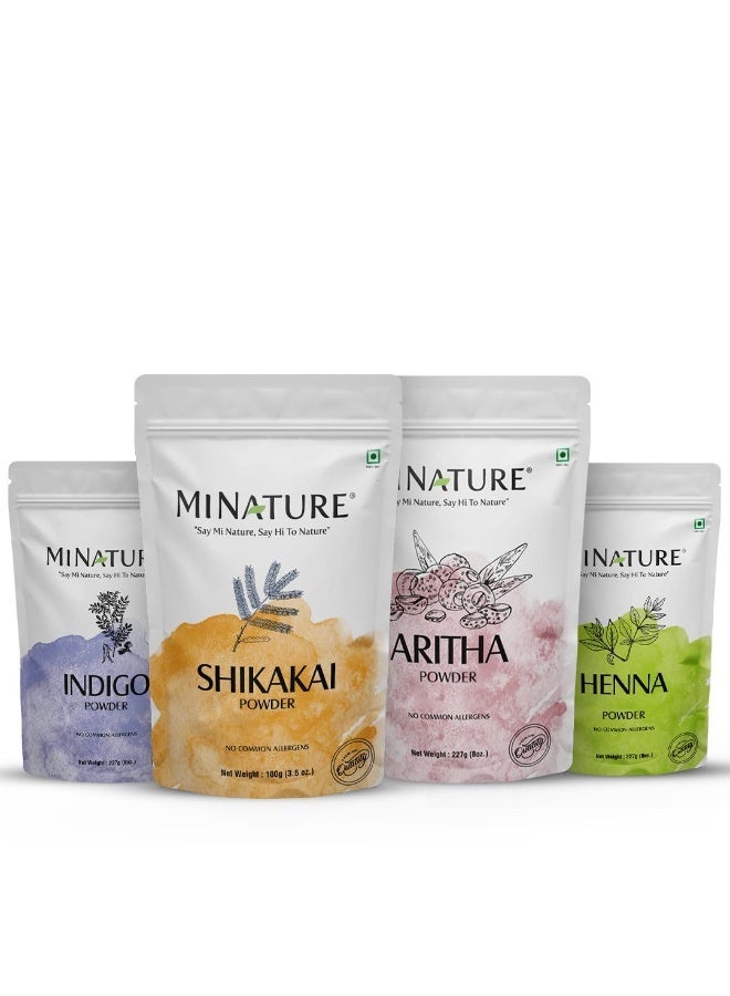 minature Combo of Henna, Indigo, Shikakai, & Aritha Powders for Smooth & Shiny Hair Color dye| Pure Organic Powders for Natural for Frizzy Damaged Hair Growth |Hand & Hair Mehndi -227 * 4gm - Image 1
