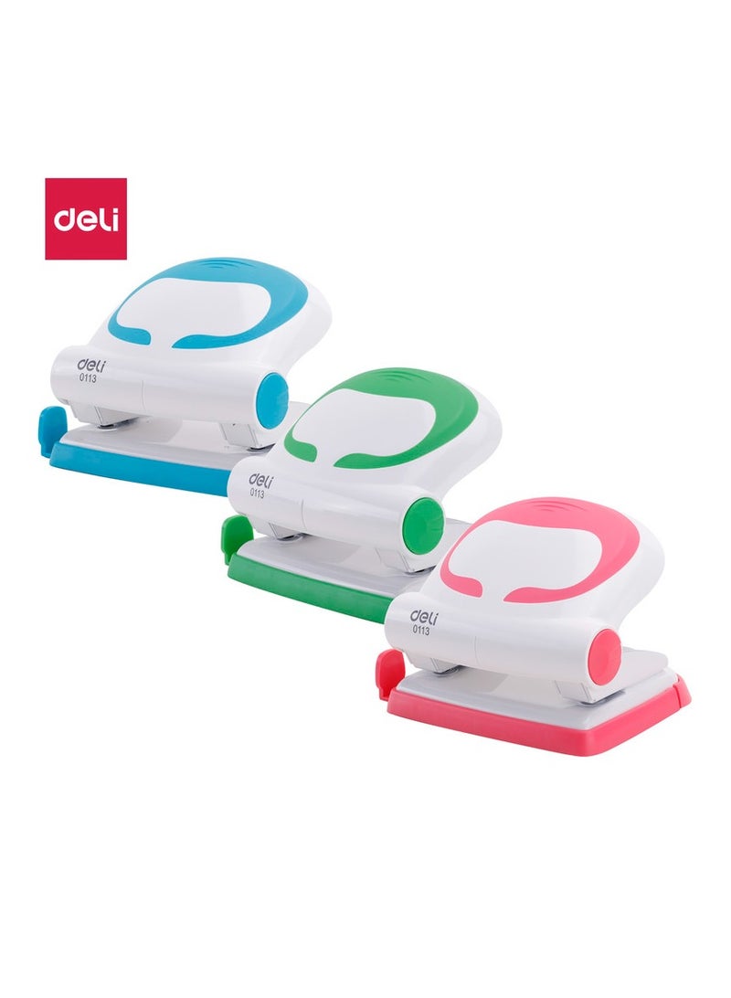 Deli E0113 80mm Hole Distance Φ6mm Hole Diameter Plastic+Metal Two-hole Punch Max. 20 Sheets, Grey/Blue/Red Asst. 1PCS/Color Box - Perfect for School, Office & Home Organization - Image 1