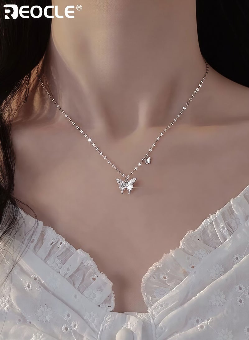 ريوكل قلادة نسائية رقيقة مزينة بقلادة فراشة مزدوجة مرصعة بالكامل بخرزات فراشة لامعة سلسلة رفيعة أنيقة مناسبة للارتداء اليومي والمناسبات غير الرسمية. - Image 3