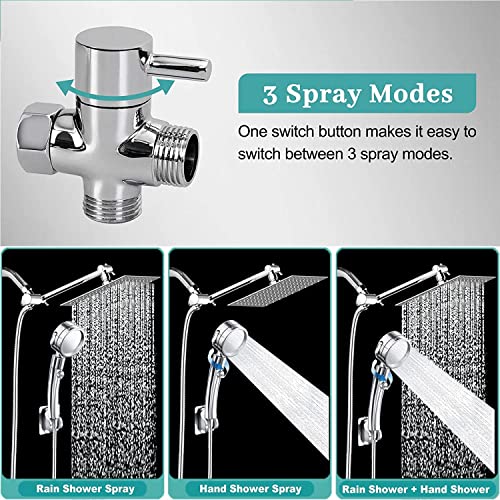 bellearly Shower Head, High Pressure 10" Square Rain Shower Head with 3 Settings Handheld Spray Combo, 78" Extra Long Shower Hose, 3-Way Diverter, Height/Angle Adjustable Extension Arm, Chrome, BELLEARLY - Image 4