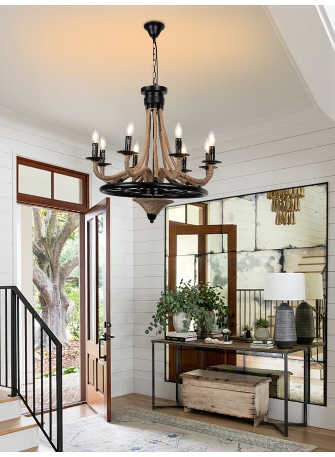 Best Power Rustic Rope Chandelier – Model 9003 | Vintage Ceiling Pendant Light with 8 E14 Lamp Holders | 50CM Diameter with 55CM Adjustable Cord | Industrial Farmhouse Hanging Light Fixture (Bulbs Not Included)  - Image 1