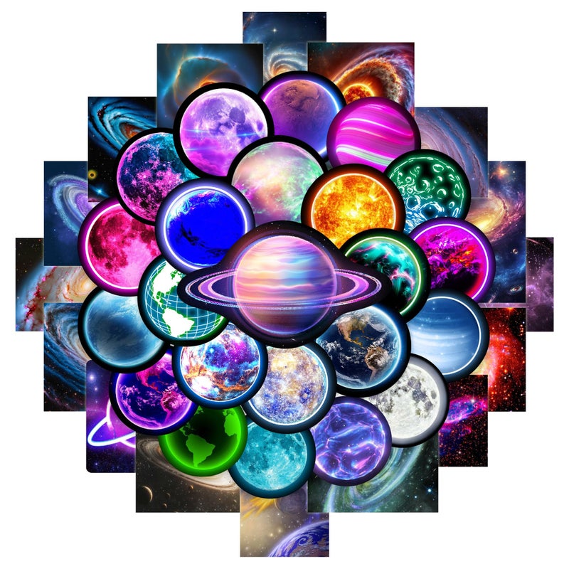 Robmoda Neon Planets Water Bottle Stickers for Kids, 70 PCS Vinyl Space Waterproof Decals for Laptop Phone Case, Solar System Decor for Adults Kids Girls Boys - Image 1