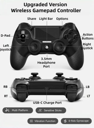 Console Gamepad for Playstaion 4 Controller, Wireless Gaming Controller for PS4/Pro/Slim/PC, with Non-Slip Grip of Both Sides and USB-C Cable,Black - view 2