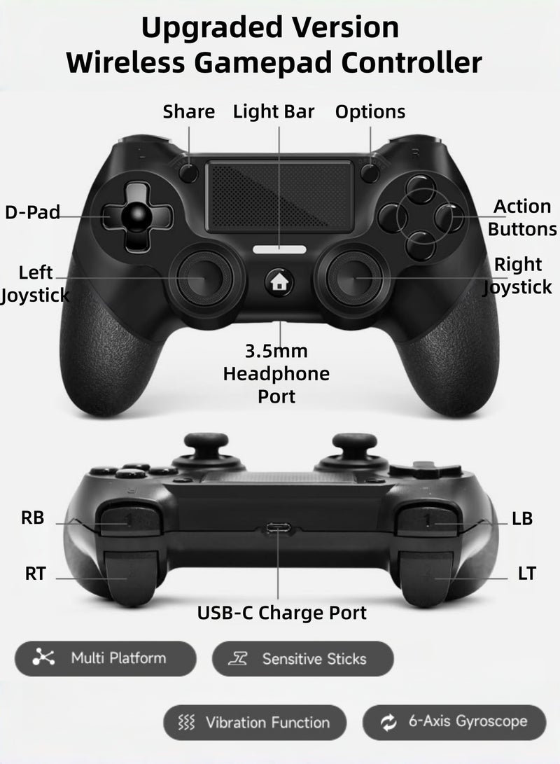 كول رابي وحدة تحكم ألعاب لاسلكية لجهاز بلاي ستيشن 4، متوافقة مع PS4/Pro/Slim/PC، مزودة بمقبض مانع للانزلاق من الجانبين وكابل USB-C، لون أسود - Image 2