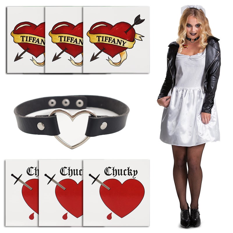 Pandecor Bride Heart Tiffany Heart Temporary Tattoos Stickers for Halloween Costume Cosplay heart tattoos and necklace