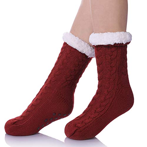 SDBING Women's Winter Super Soft Warm Cozy Fleece Lined Fuzzy Slipper Socks with Grippers (Wine Red, 6-10) - Image 1
