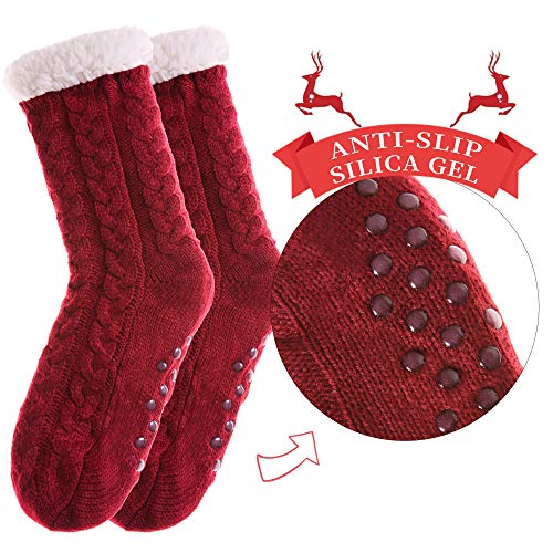 SDBING Women's Winter Super Soft Warm Cozy Fleece Lined Fuzzy Slipper Socks with Grippers (Wine Red, 6-10) - Image 2