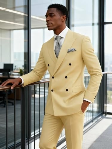 Wangyue Mens Suit Slim Fit 2 Piece Champagne Double Breasted Suit for Man Wedding Regulair Fit Champagne Double Breasted Blazer Homecoming Formal Business Groom Prom Tuxedo 2025 M - Image 3