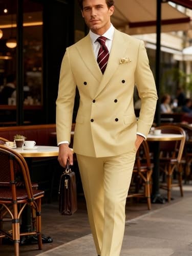 Wangyue Mens Suit Slim Fit 2 Piece Champagne Double Breasted Suit for Man Wedding Regulair Fit Champagne Double Breasted Blazer Homecoming Formal Business Groom Prom Tuxedo 2025 M - Image 2