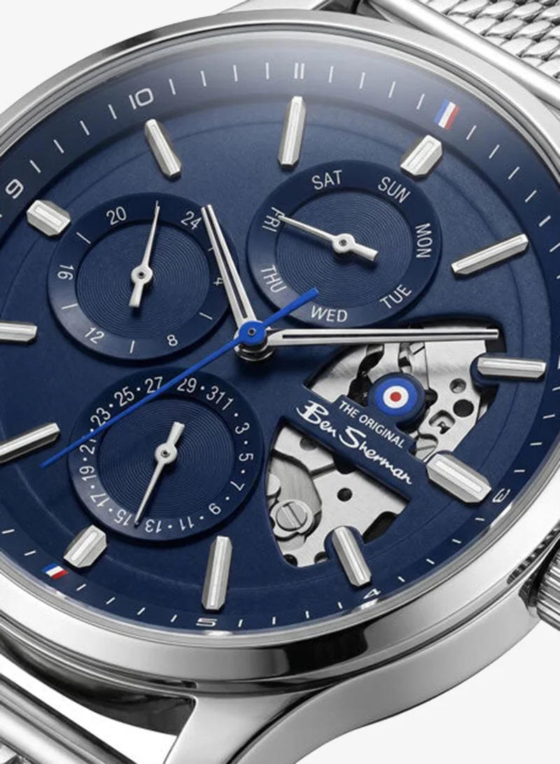 Ben Sherman St Albans Blue Dial Stainless Steel Bracelet Multifunction Watch for Men, 43.5mm