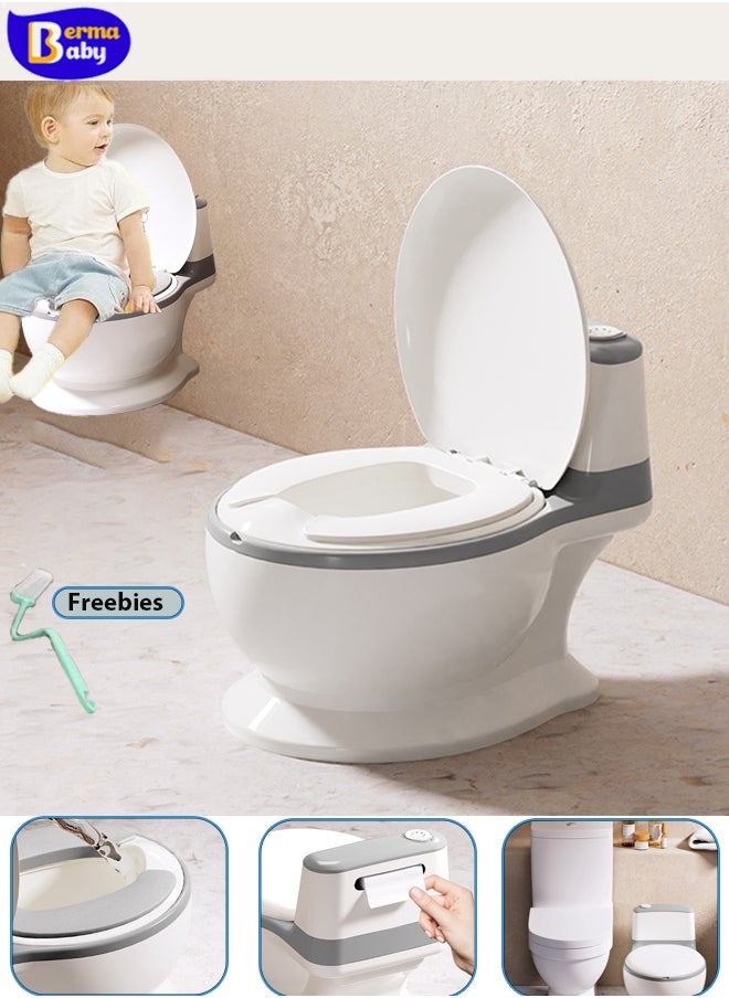 Berma Baby Potty Training Toilet, Realistic Potty Training Seat with Storage Bag, Toddler Potty Chair, Children's Toilet Seat with Soft Seat, Toilet Paper Dispenser and Splash Guard, Non-slip, Suitable for Boys and Girls (Gray)  - Image 1