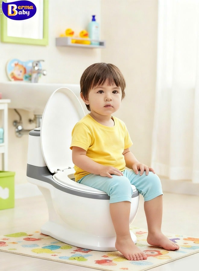 Berma Baby مرحاض تدريب على استخدام المرحاض، مقعد تدريب واقعي على استخدام المرحاض مع حقيبة تخزين، كرسي تدريب على استخدام المرحاض للأطفال الصغار، مقعد مرحاض للأطفال مع مقعد ناعم، موزع ورق تواليت وواقي من الرذاذ، غير قابل للانزلاق، مناسب للأولاد والبنات (رمادي) - Image 1
