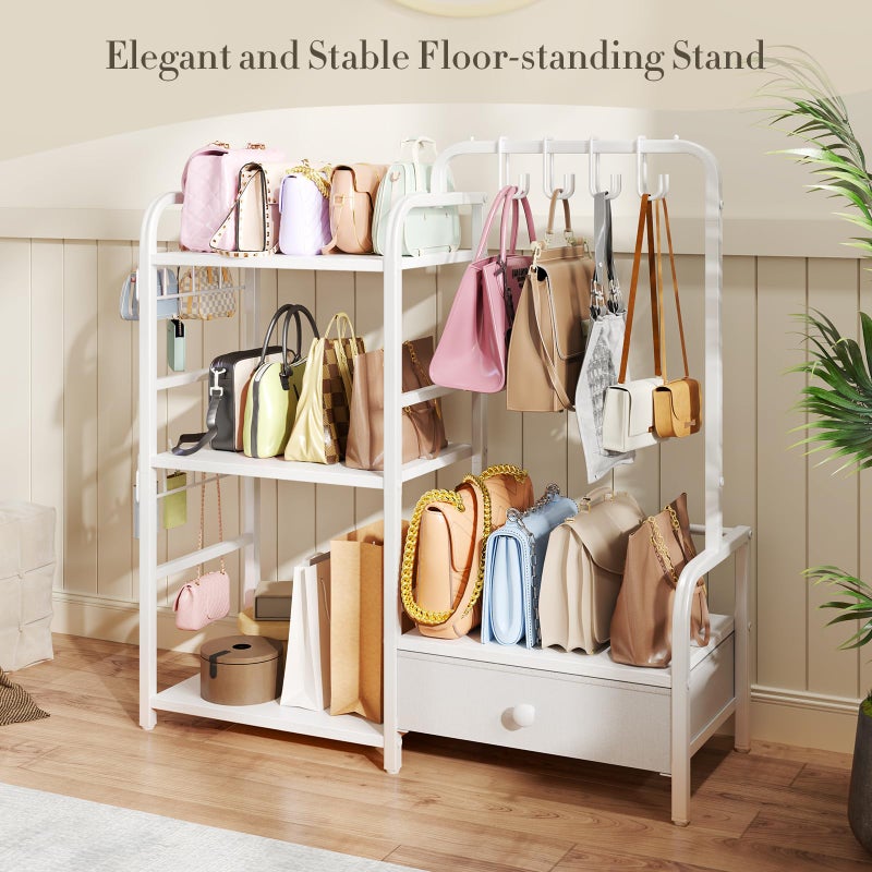 Nuoex Purse Organizer for Closet, with Bottom Drawer, Extra Large Capacity 3 Tier Handbag Storage Rack for Women, 10 Purse Hanger and Hooks for Bag Organizer, Floor-Standing, Home, Living Room (White) - Image 2