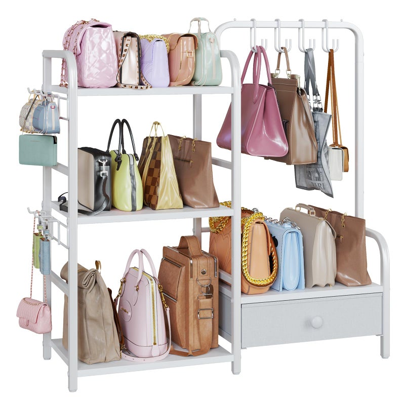 Nuoex Purse Organizer for Closet, with Bottom Drawer, Extra Large Capacity 3 Tier Handbag Storage Rack for Women, 10 Purse Hanger and Hooks for Bag Organizer, Floor-Standing, Home, Living Room (White) - Image 1