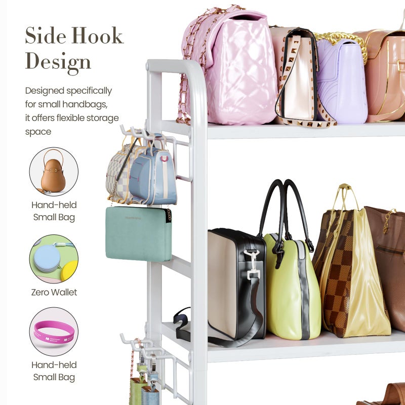 Nuoex Purse Organizer for Closet, with Bottom Drawer, Extra Large Capacity 3 Tier Handbag Storage Rack for Women, 10 Purse Hanger and Hooks for Bag Organizer, Floor-Standing, Home, Living Room (White) - Image 3