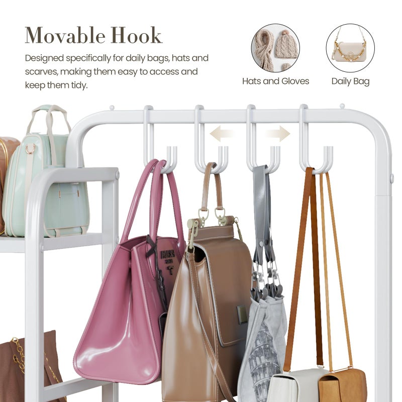 Nuoex Purse Organizer for Closet, with Bottom Drawer, Extra Large Capacity 3 Tier Handbag Storage Rack for Women, 10 Purse Hanger and Hooks for Bag Organizer, Floor-Standing, Home, Living Room (White) - Image 4