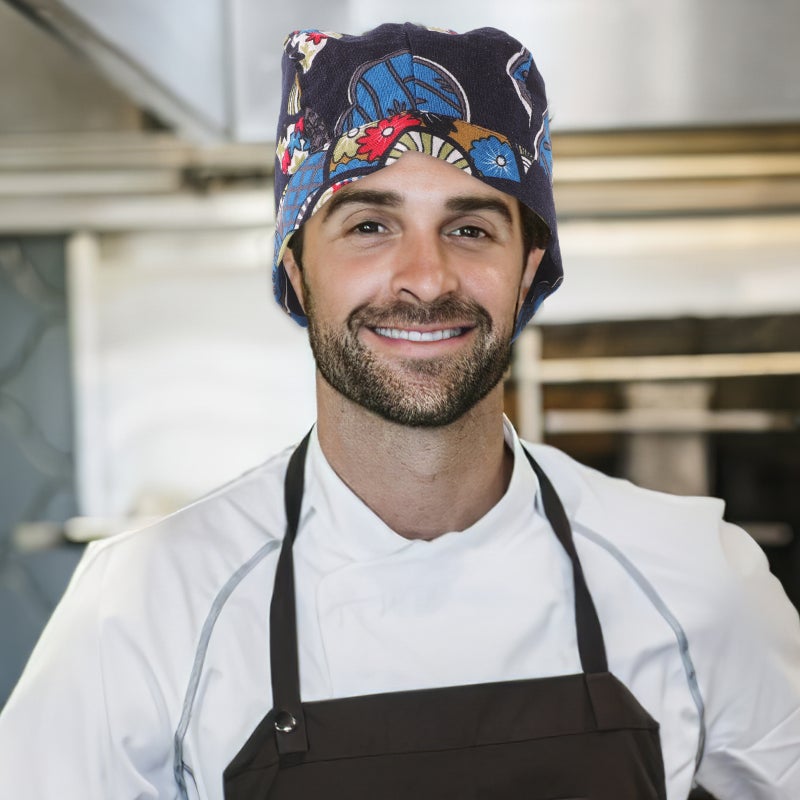 Catering Chef Hat Chef Cap Kitchen Work Restaurant Service 52x12cm Blue with Floral Pattern 1Pack - Image 3