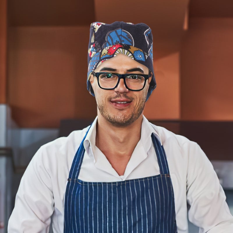 Catering Chef Hat Chef Cap Kitchen Work Restaurant Service 52x12cm Blue with Floral Pattern 1Pack - Image 4