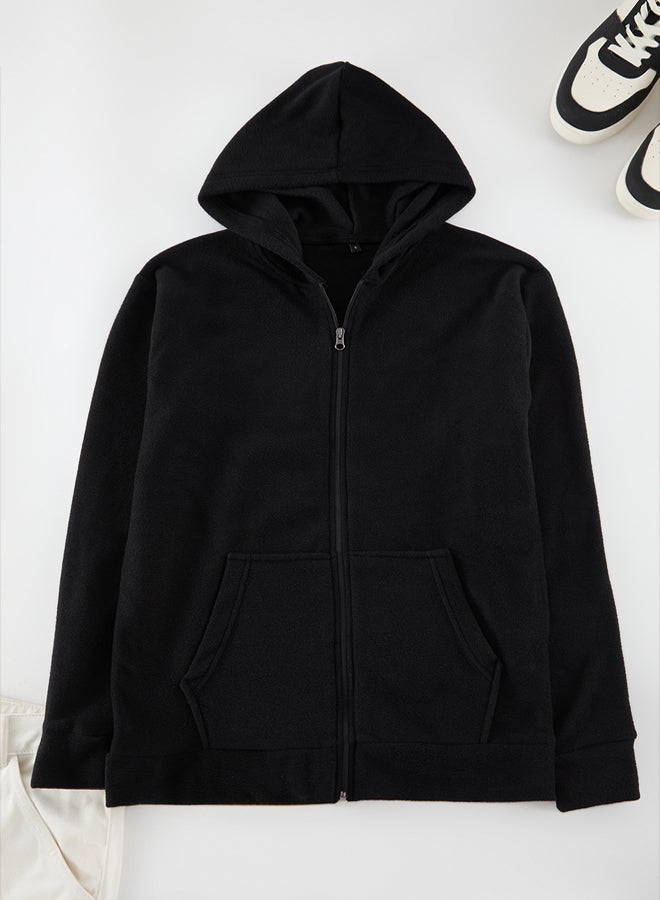 trendyol Black Regular/Normal Cut Basic Zippered Warm Polar Fleece Cardigan/Sweatshirt - Image 1
