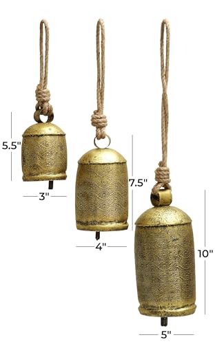 Deco 79 Metal Decorative Cow Bells Tibetan Inspired with Jute Hanging Rope, Set of 3 10",8",6"H, Bronze - Image 3