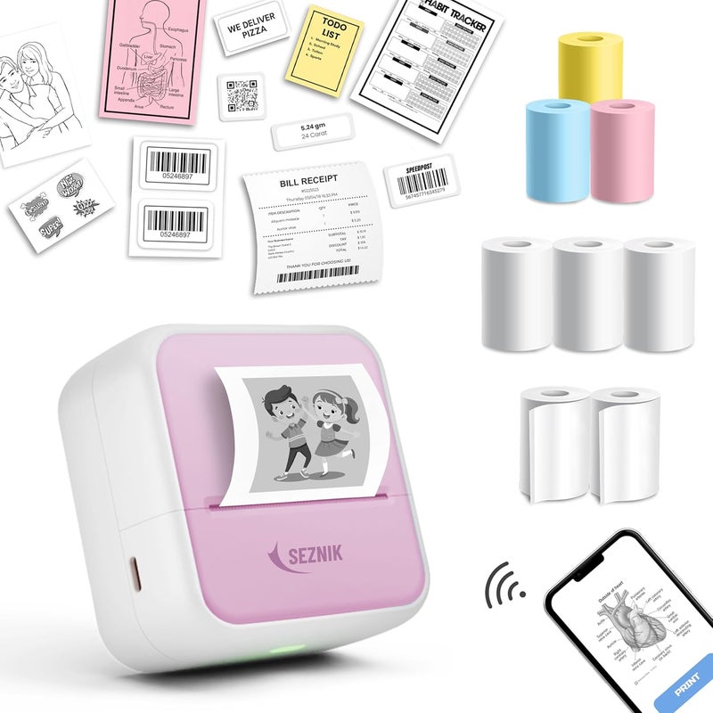 SEZNIK Mini Printer, Inkless, Thermal, Bluetooth, Portable Printer, Compatible Android, iOS Mobile. 1 Year Warranty (MiniX-Pink) - Image 1