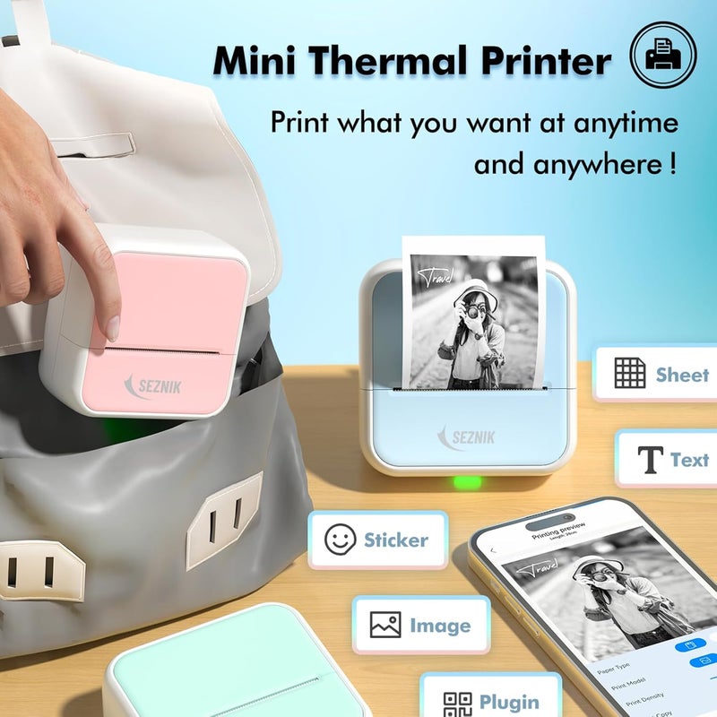 SEZNIK Mini Printer, Inkless, Thermal, Bluetooth, Portable Printer, Compatible Android, iOS Mobile. 1 Year Warranty (MiniX-Pink) - Image 5