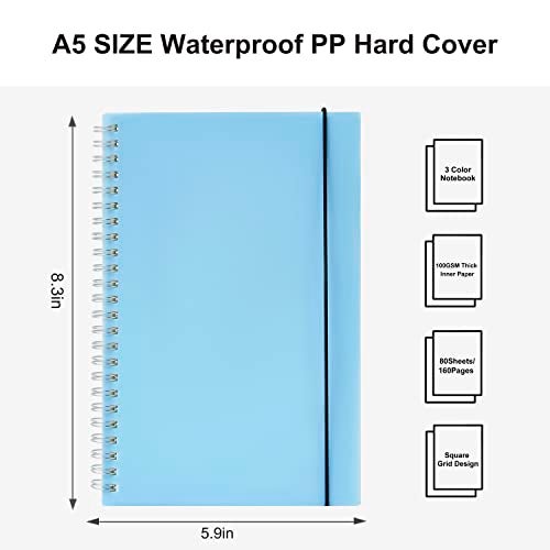MSTONAL 3 Pack Spiral Notebook, A5 Square Journal Notebook 5.8" x 8.3", 100GSM 5x5mm Square Grid, 80 Sheets/160 Pages, Grid Spiral Notebooks Journals for Writing, Sketch Book - Image 3