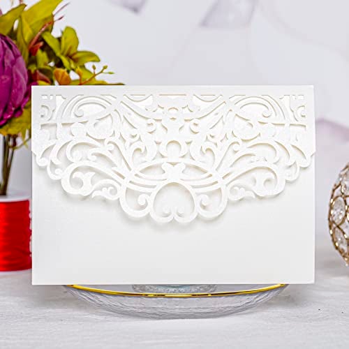 Builcker 20 pcs Laser Cut Wedding Invitations Cards Pockets With Envelope Seal Floral Design for Wedding Party Bridal Shower Birthday Quinceañera Invite (White) - Image 2