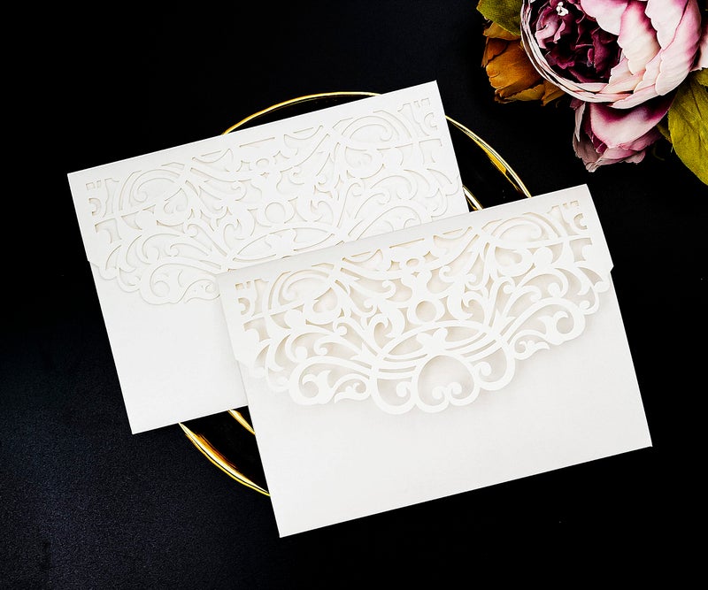 Builcker 20 pcs Laser Cut Wedding Invitations Cards Pockets With Envelope Seal Floral Design for Wedding Party Bridal Shower Birthday Quinceañera Invite (White) - Image 3