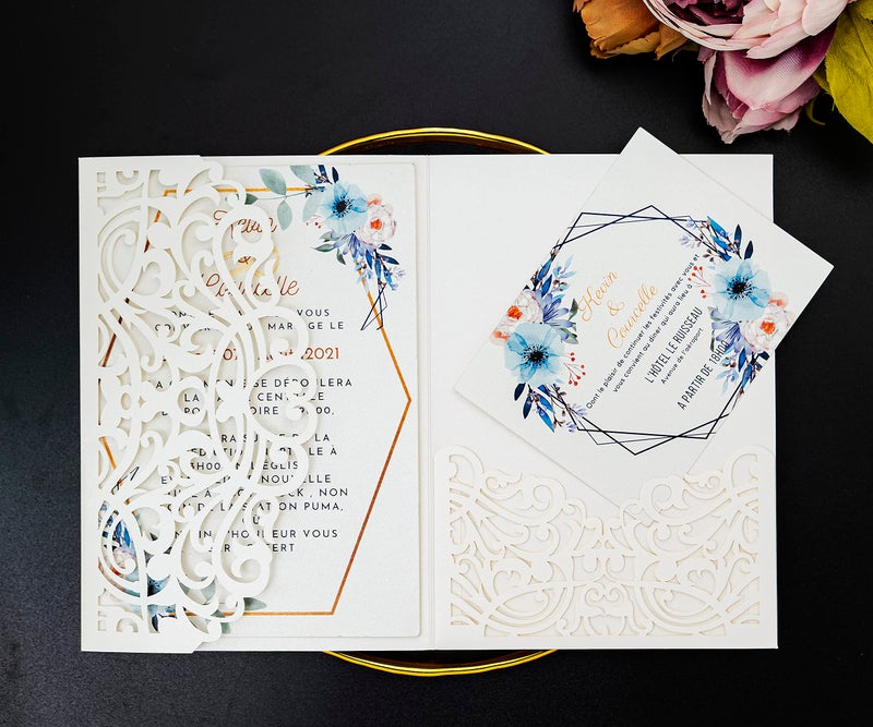 Builcker 20 pcs Laser Cut Wedding Invitations Cards Pockets With Envelope Seal Floral Design for Wedding Party Bridal Shower Birthday Quinceañera Invite (White) - Image 5