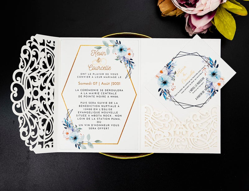 Builcker 20 pcs Laser Cut Wedding Invitations Cards Pockets With Envelope Seal Floral Design for Wedding Party Bridal Shower Birthday Quinceañera Invite (White) - Image 4