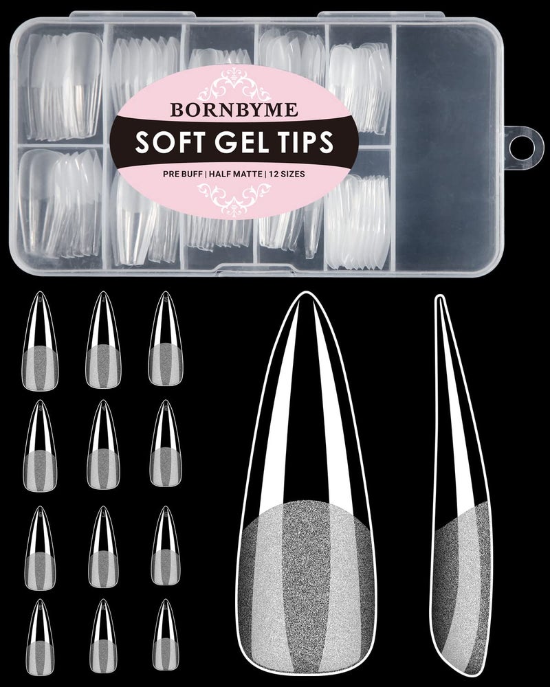 Soft Gel Nail Tips Long Stiletto 120PCS Pre Buff Full Cover Nail Extenison Tips Half Matte Gel Nail Tips BORNBYME