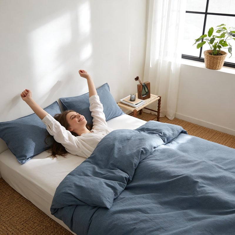 Simple&Opulence Duvet Cover Set 100% Washed Cotton Comfy Soft Breathable Cozy Textured Solid Color Comforter Cover for All Seasons Bedding Sets, Blue King 220x240cm - Image 4