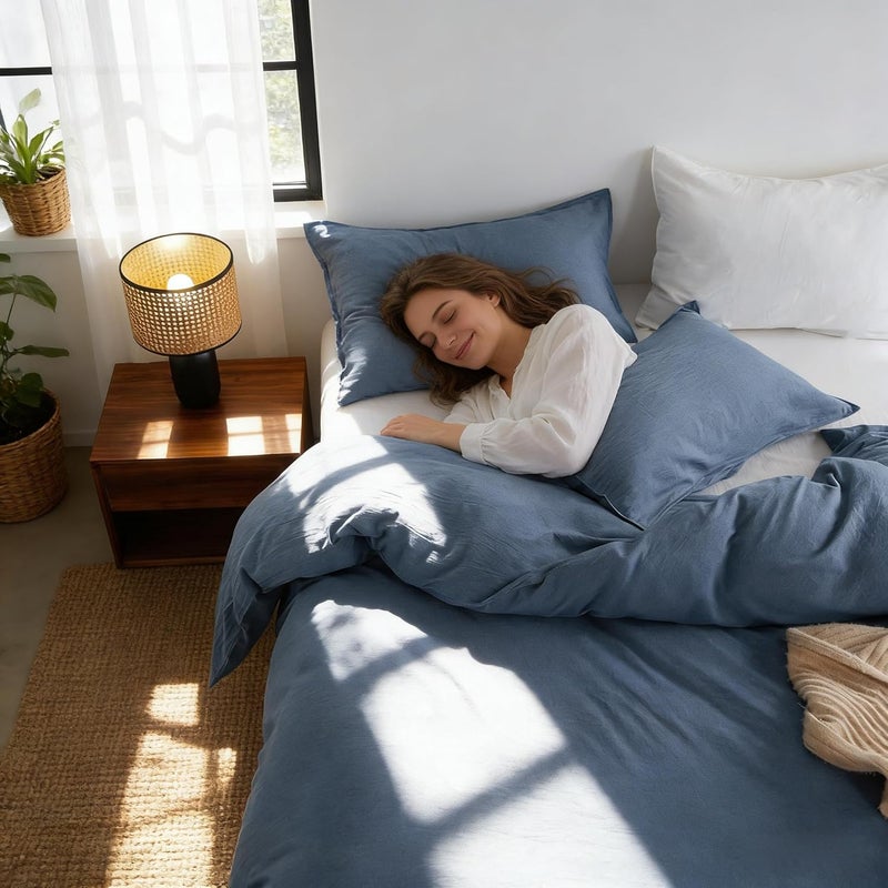 Simple&Opulence Duvet Cover Set 100% Washed Cotton Comfy Soft Breathable Cozy Textured Solid Color Comforter Cover for All Seasons Bedding Sets, Blue King 220x240cm - Image 3