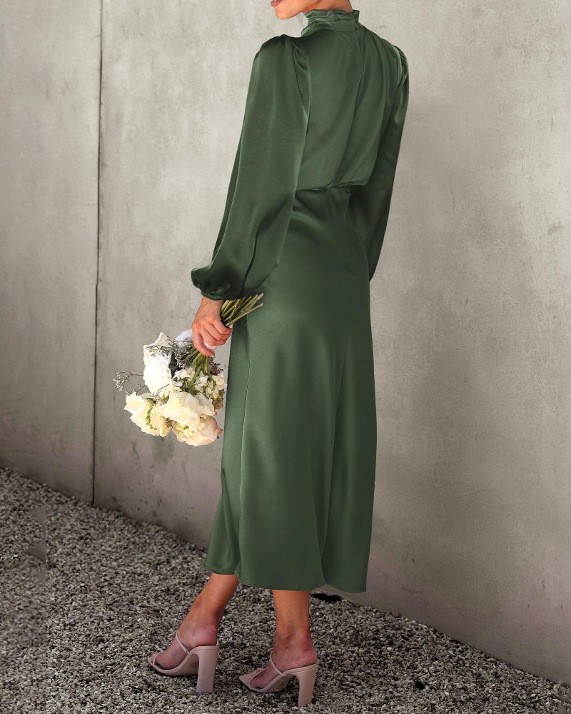 BTFBM Womens Mock Neck Satin Dress Summer Fall 2025 Long Sleeve High Waist Formal Wedding Party Maxi Cocktail Dresses(Army Green, Medium) - Image 4