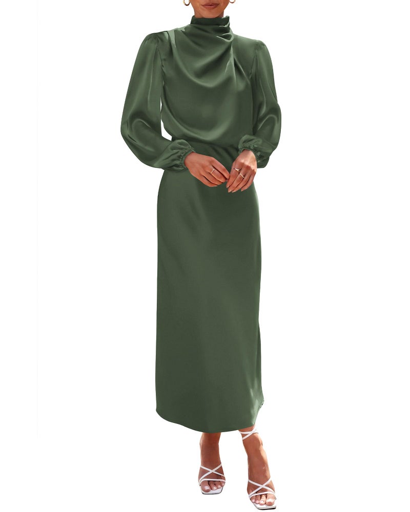 BTFBM Womens Mock Neck Satin Dress Summer Fall 2025 Long Sleeve High Waist Formal Wedding Party Maxi Cocktail Dresses(Army Green, Medium) - Image 5