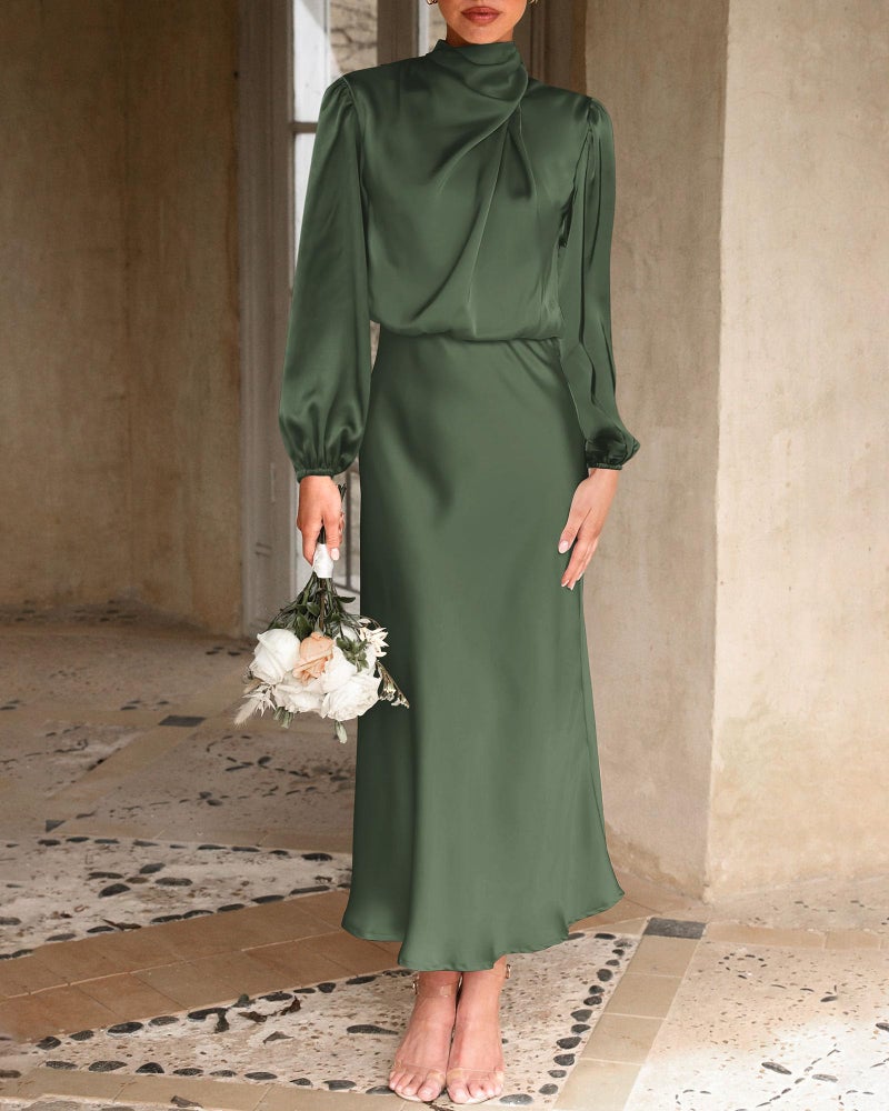BTFBM Womens Mock Neck Satin Dress Summer Fall 2025 Long Sleeve High Waist Formal Wedding Party Maxi Cocktail Dresses(Army Green, Medium) - Image 2
