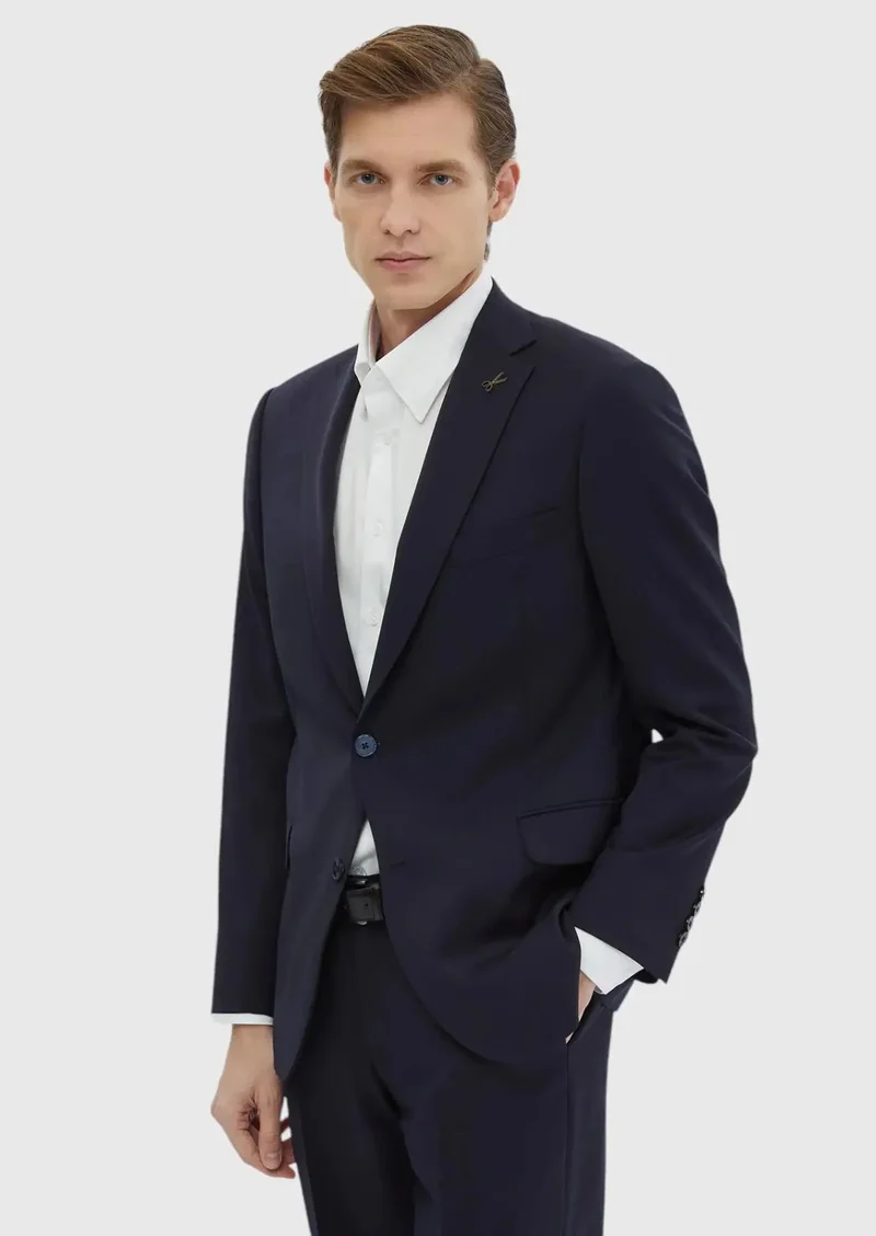 RAMSEY Navy Blue Plain Regular Fit 100% Wool Suit