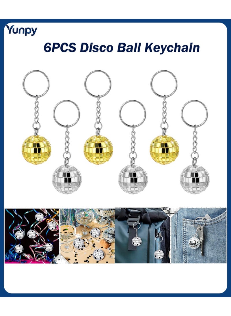 Yunpy 6 Pack Disco Ball Keychains, 2 Colors Gold & Silver Mini Mirror Ball Keyrings, 70s Disco Party Favors Accessories, Retro Disco Keychains for Bags, Keys, Party Decorations - Image 1