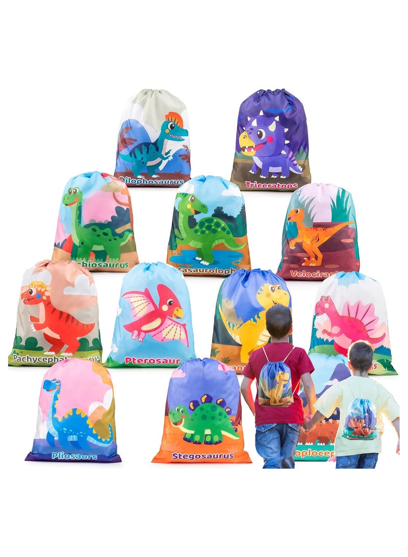 سيوسي 12 حزمة من لوازم حفلات الديناصورات حقائب برباط لعيد ميلاد الأطفال للأولاد والبنات حقيبة ظهر دينو كحقائب هدايا قابلة لإعادة الاستخدام للهدايا والحلوى والوجبات الخفيفة والسفر المدرسي - Image 1